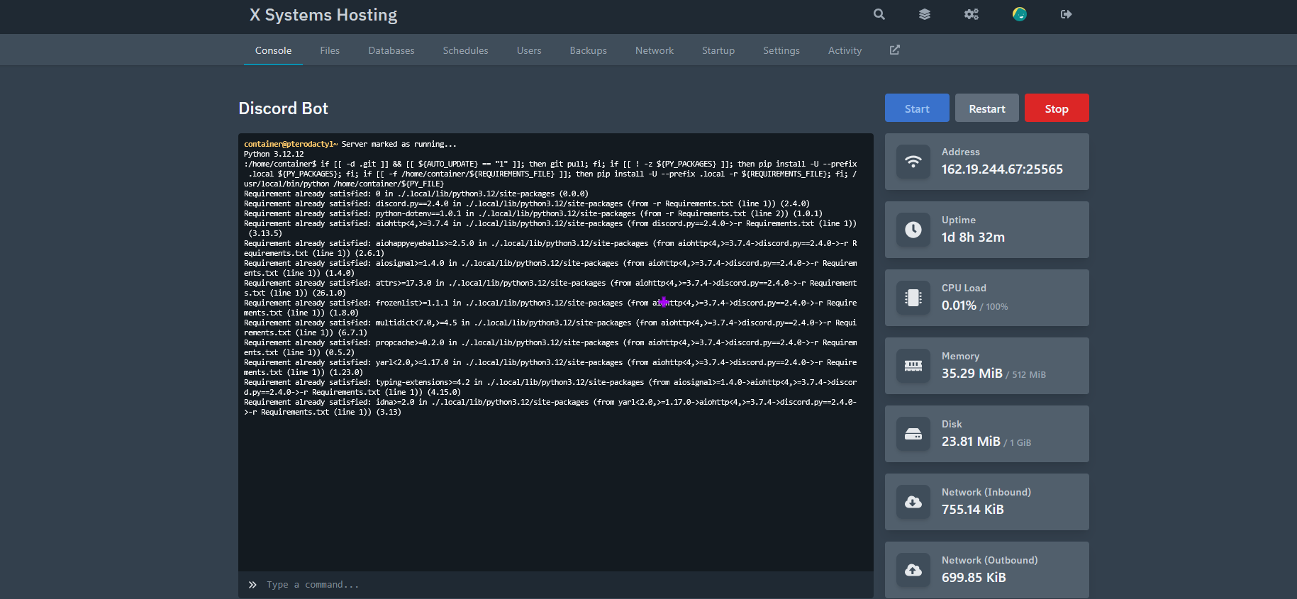 X Systems Hosting dashboard